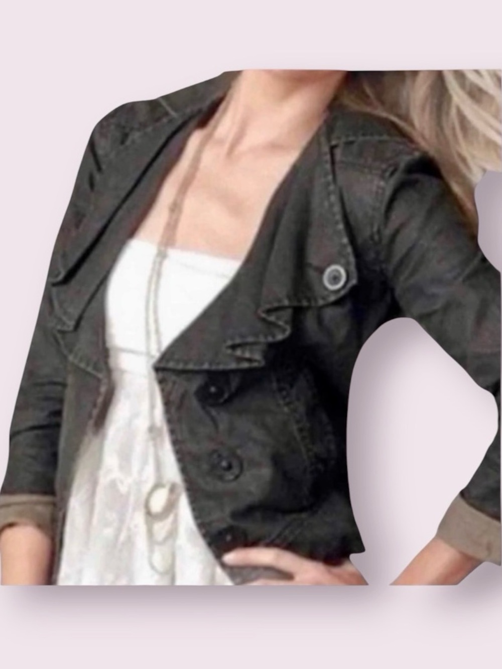 CAbi Waxed Denim 100% Linen Jacket Ruffle Oversized Collar Black Size Medium